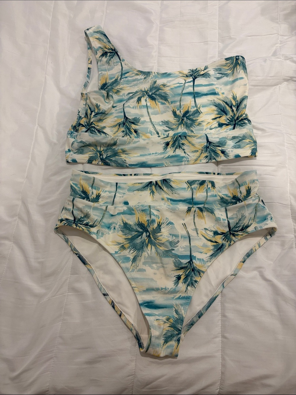 Old Navy Palm Tree Print High-Waist Bikini Set - Teal, Yellow, White